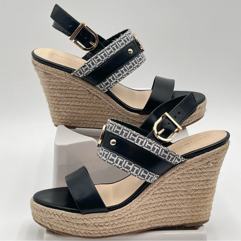 Womens Platform sandals 9.5 Black White wedges Gold Logo Tommy Hilfiger